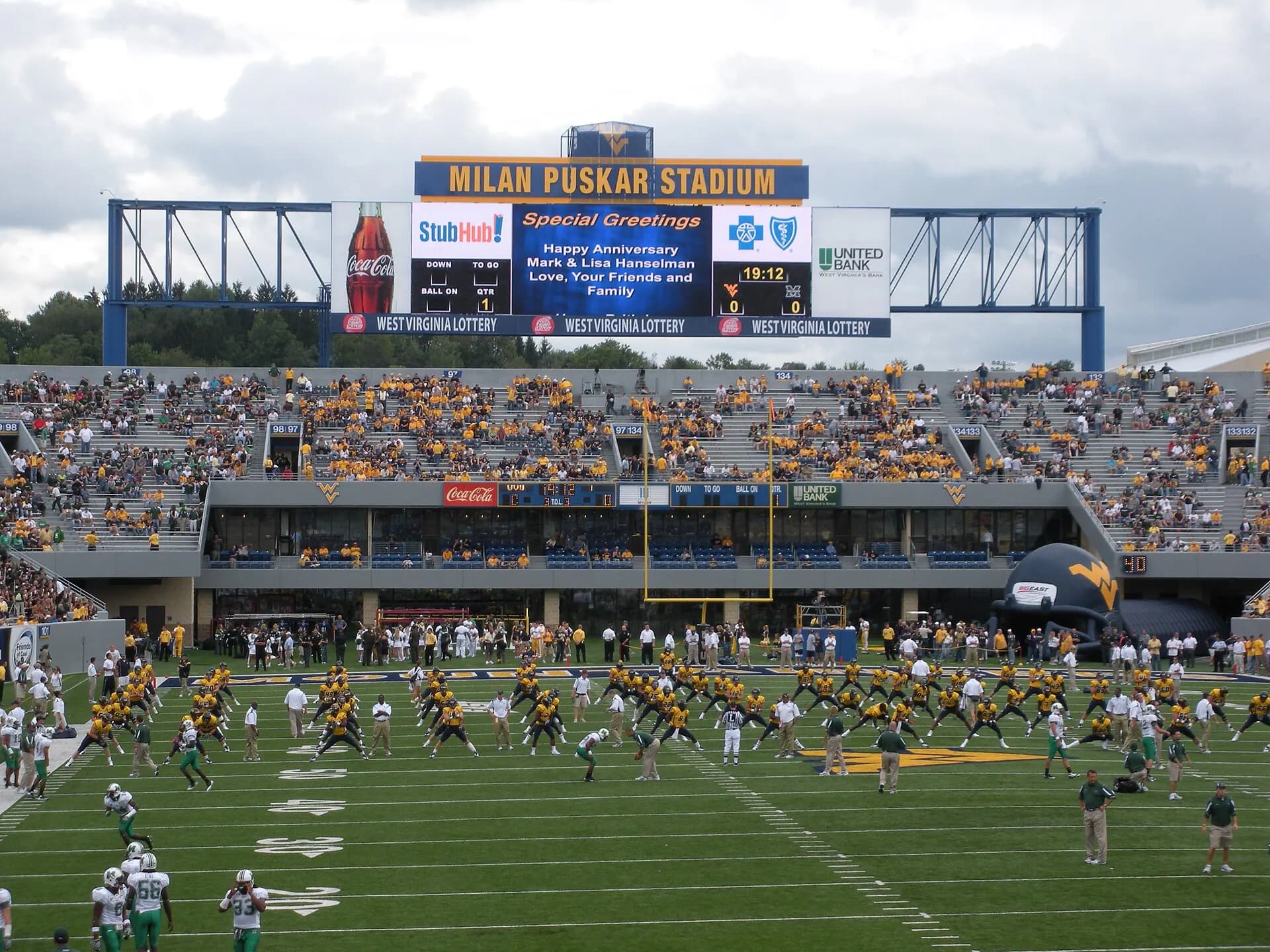 The South End Zone and seating bowl at Milan Puskar Stadium in Morgantown.