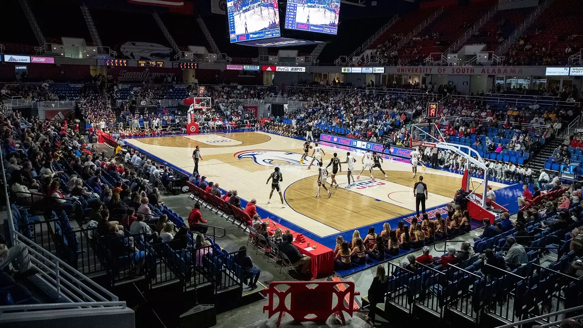 Mitchell Center’s basketball court and surrounding seating during a game in an official photograph published January 2022.