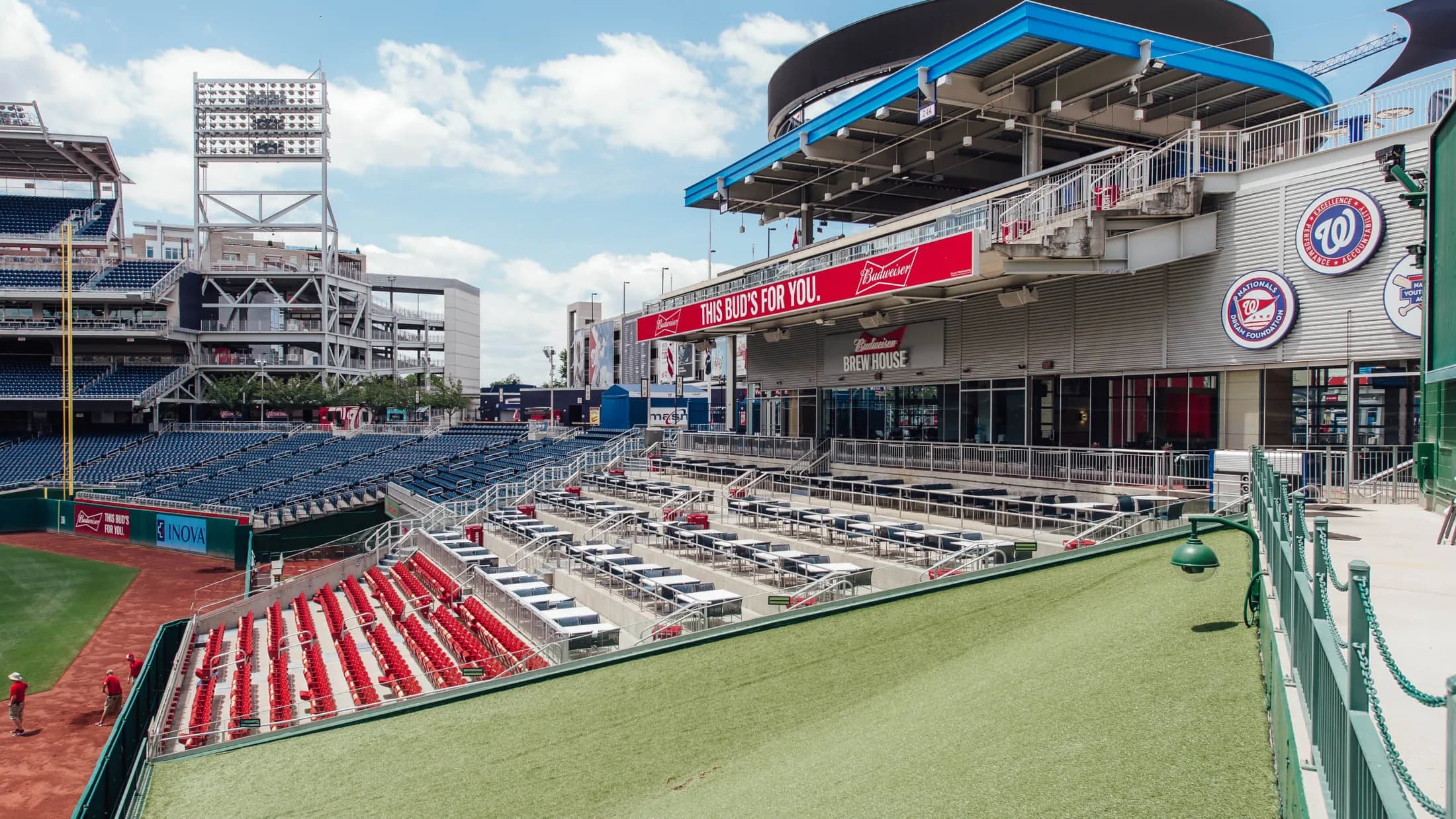 Nationals Park — official photograph of a premium field-side terrace, adjoining seating and the bowl. This is an undated hospitality-space view; field-side access and the terrace’s privileges depend on the actual ticket.