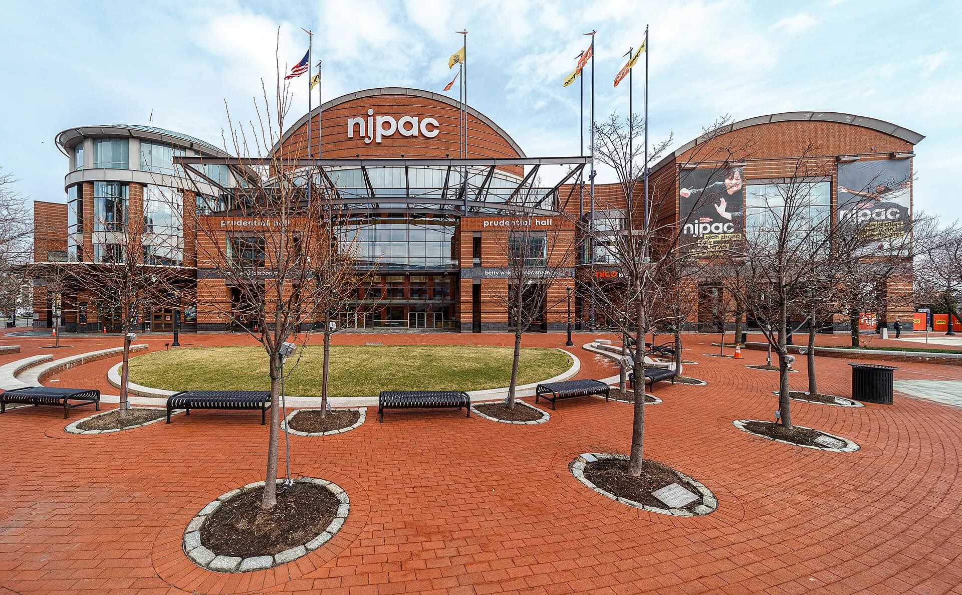 Centered exterior view of the New Jersey Performing Arts Center in Newark.