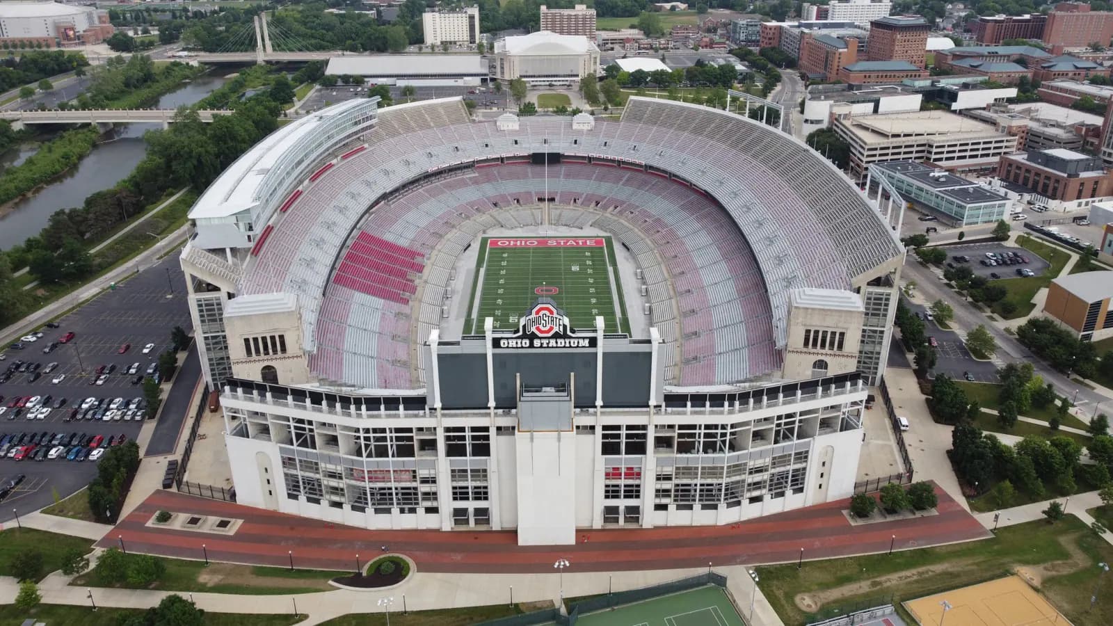 Wide aerial view of Ohio Stadium and the Ohio State campus.