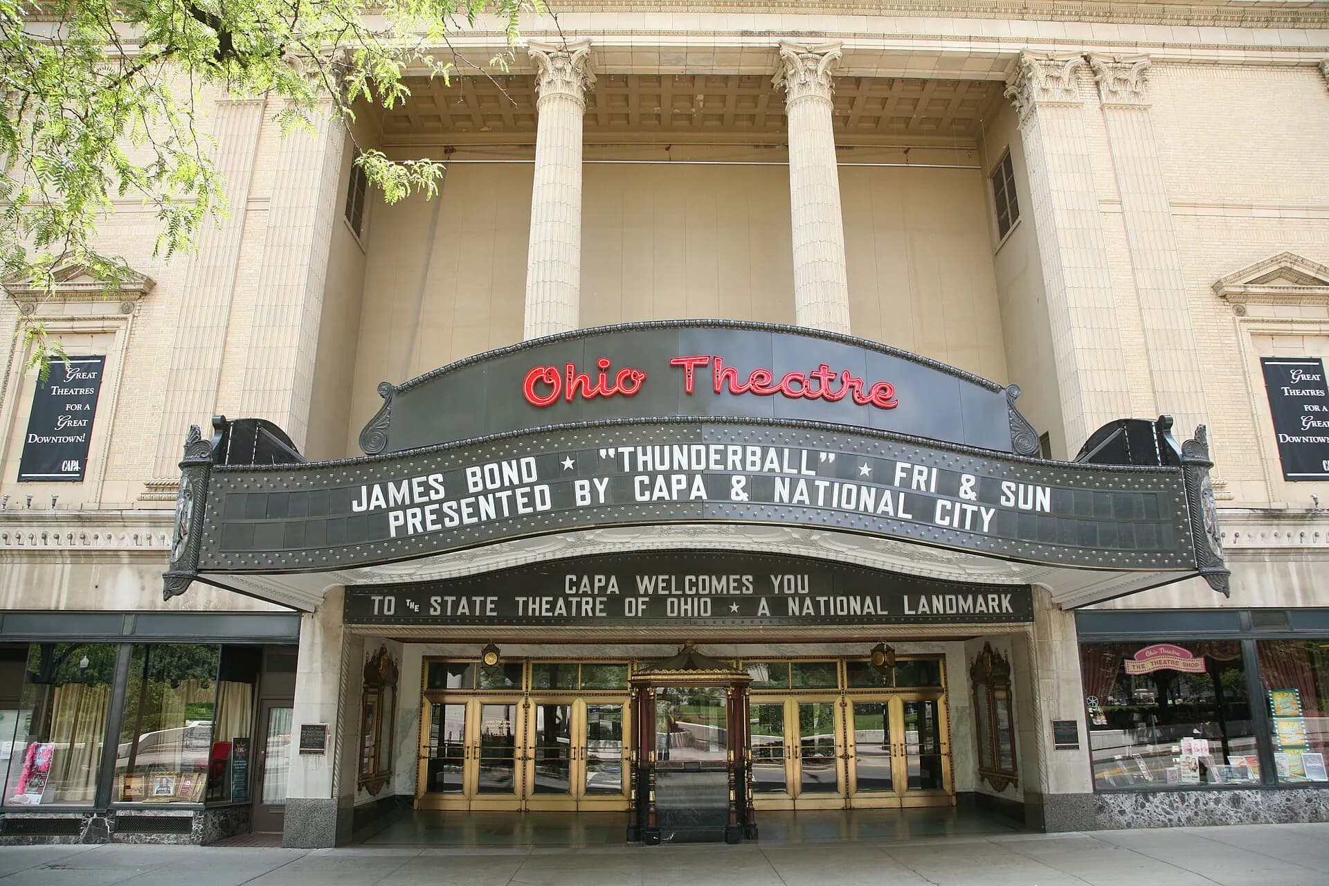 Centered exterior view of the Ohio Theatre facade and marquee in Columbus.