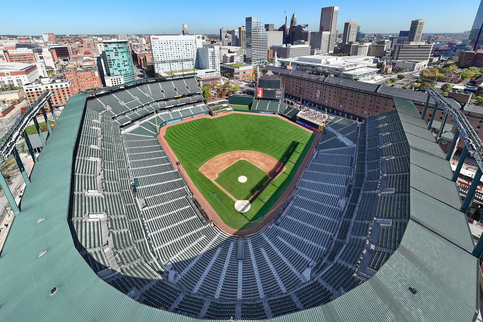 Aerial view of Oriole Park at Camden Yards and the B&O Warehouse.