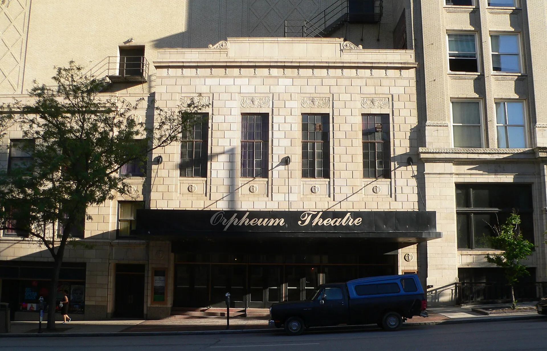 The historic north entrance and marquee of Omaha's Orpheum Theater.