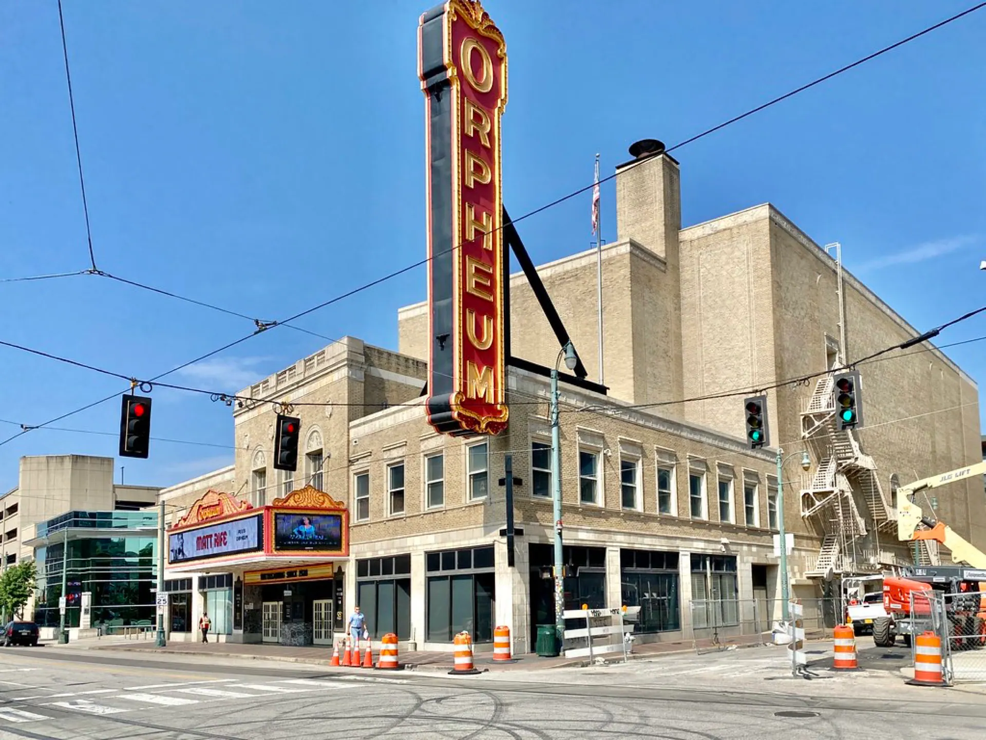 A wide corner view of the Orpheum Theatre at Main and Beale streets in Memphis.