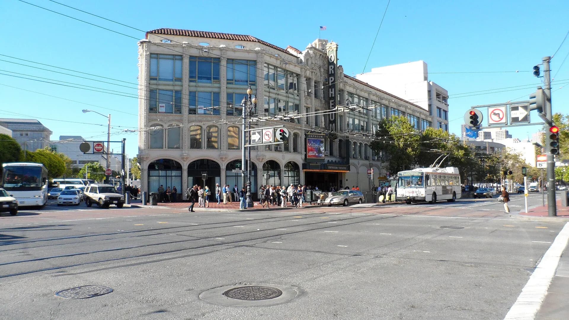The Orpheum Theatre's ornate exterior at Market and Hyde streets in San Francisco.