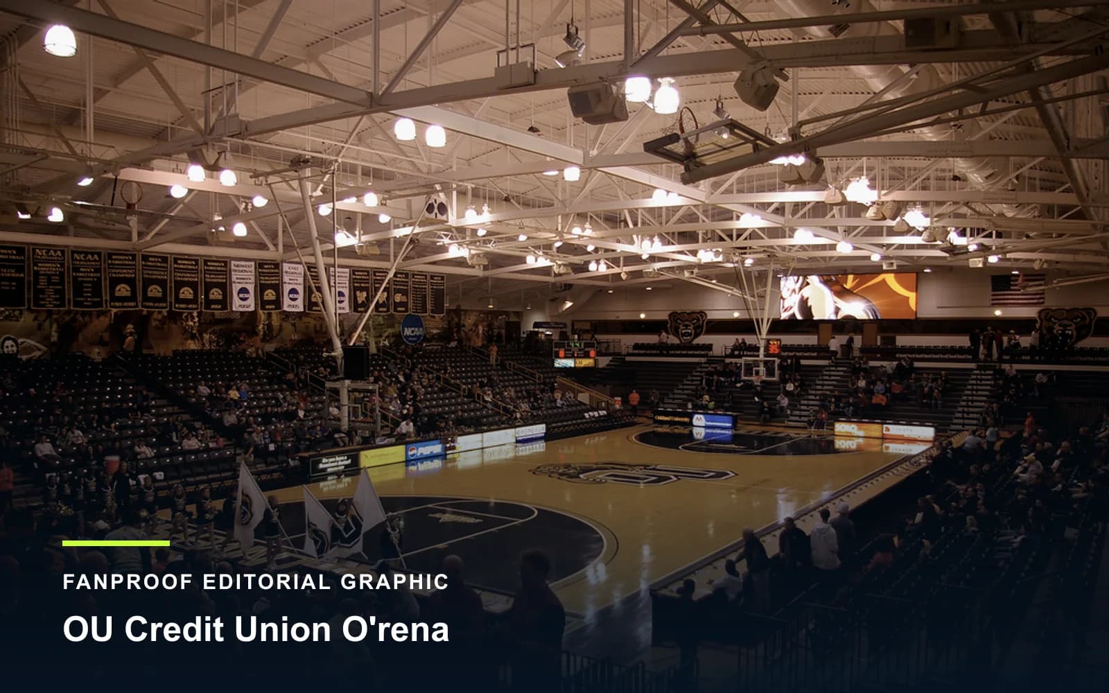 FanProof editorial graphic derived from a reuse-cleared view of OU Credit Union O'rena, home of Oakland basketball.