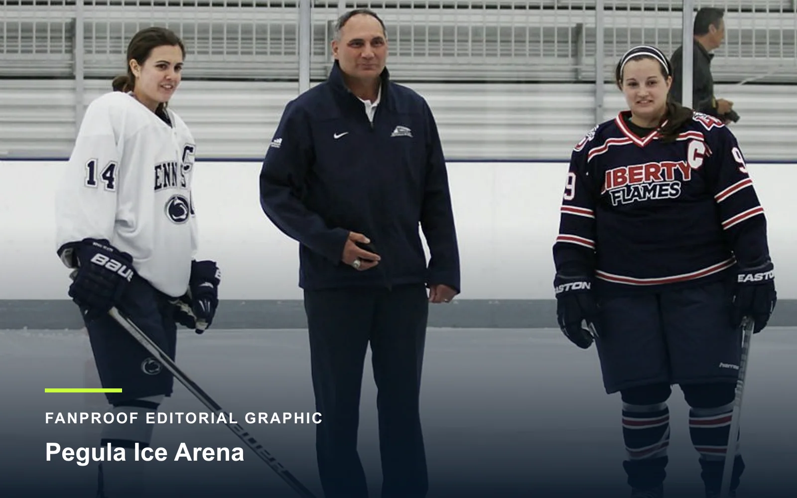 FanProof editorial graphic derived from a reuse-cleared view of Pegula Ice Arena, home of Penn State men ice hockey.