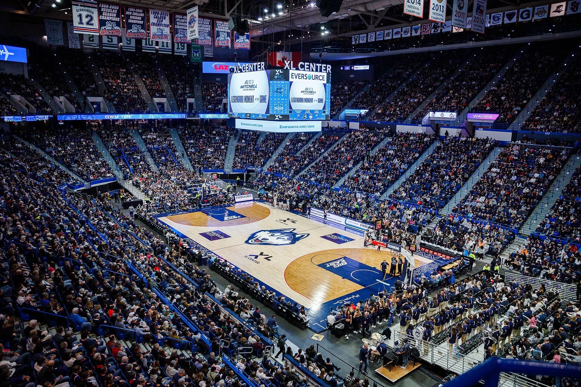 A sold-out basketball crowd fills the seating bowl at PeoplesBank Arena.