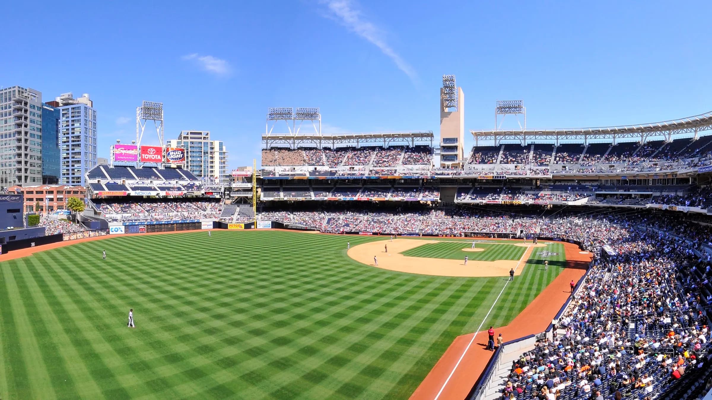 Wide panoramic view of the field and seating bowl inside Petco Park during a Padres game.