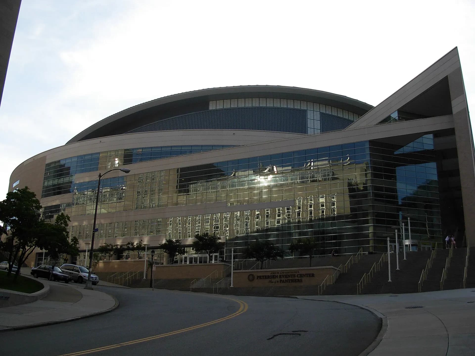 Exterior view of the Petersen Events Center on the University of Pittsburgh campus.