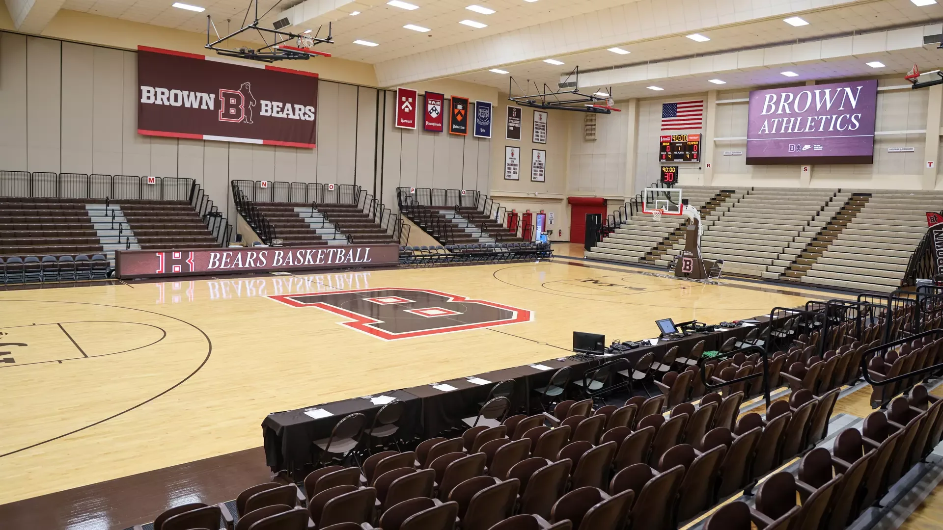 Pizzitola Sports Center’s basketball court, bleachers and balcony seating in Brown’s February 2025 facility gallery.