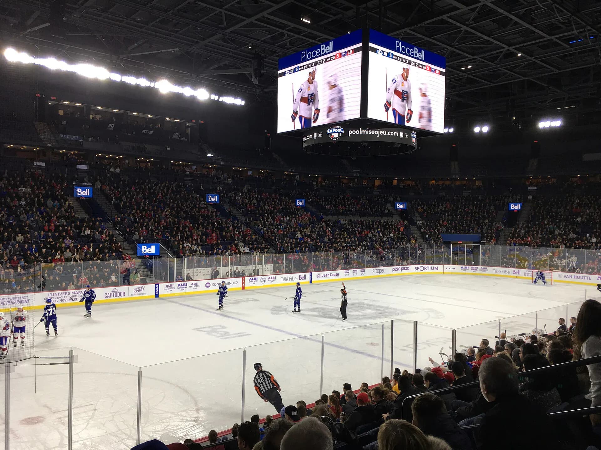 Wide hockey view of the seating bowl inside Place Bell in Laval