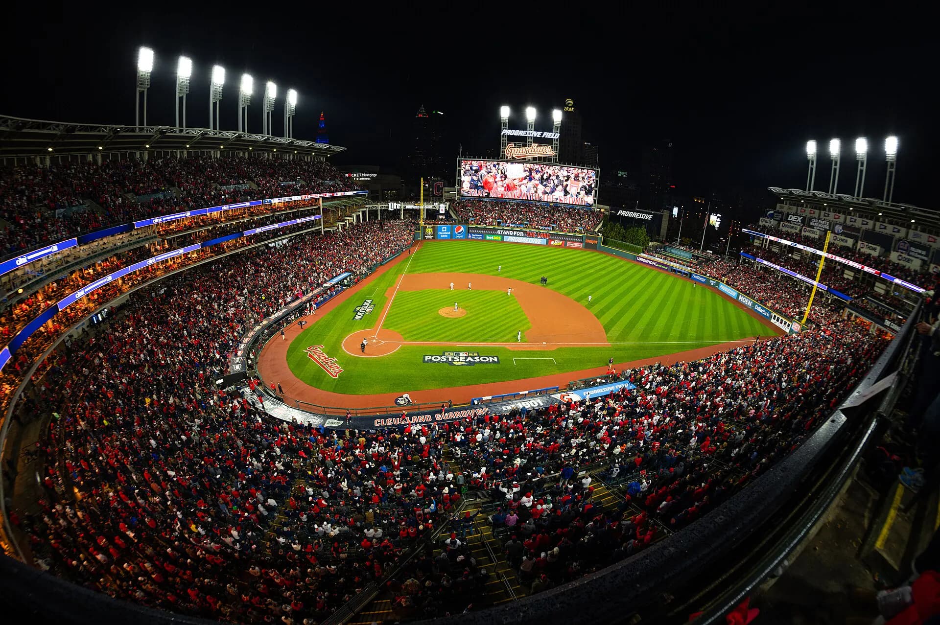 Wide view inside Progressive Field during a Cleveland Guardians postseason game.
