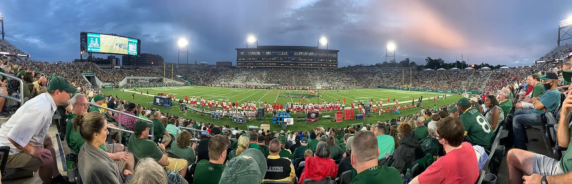 A panoramic view of Protective Stadium's football field and full seating bowl during a UAB game.