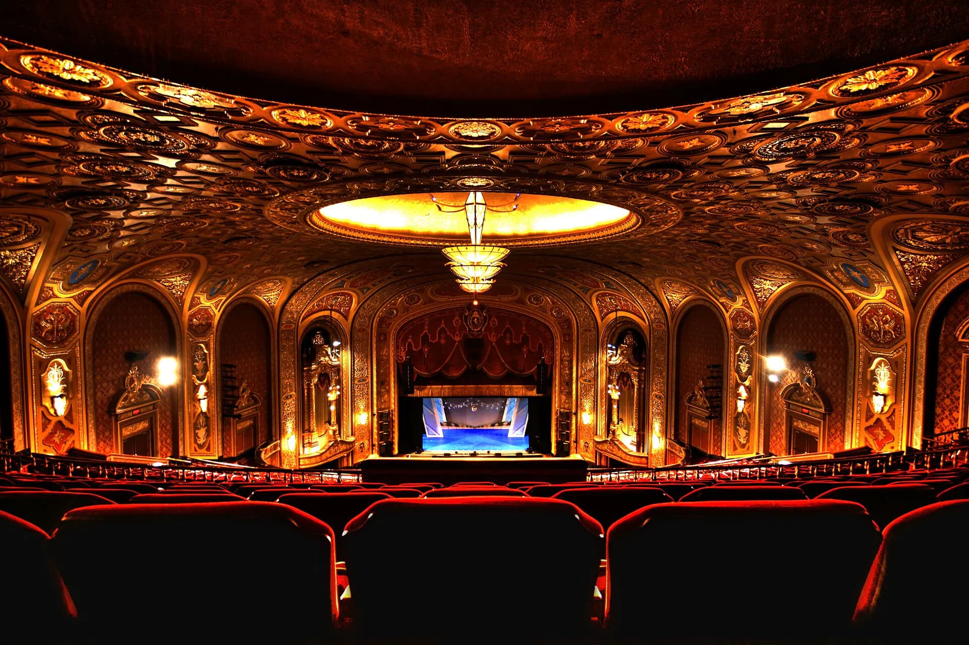 Wide view from the orchestra level toward the stage inside Providence Performing Arts Center.