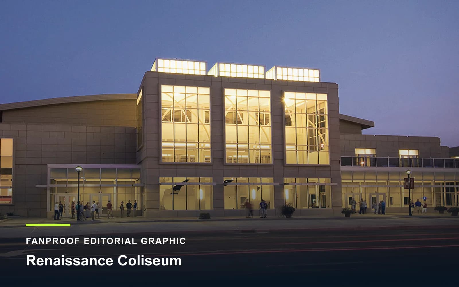 FanProof editorial graphic derived from a reuse-cleared view of Renaissance Coliseum, home of Bradley women basketball.