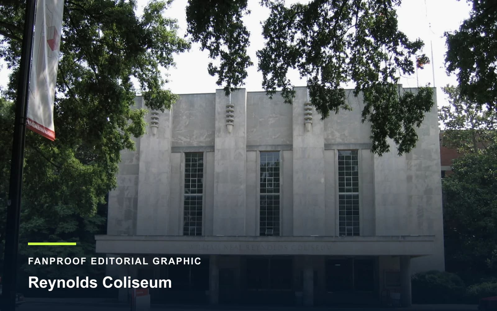FanProof editorial graphic derived from a reuse-cleared view of Reynolds Coliseum, home of NC State women basketball.
