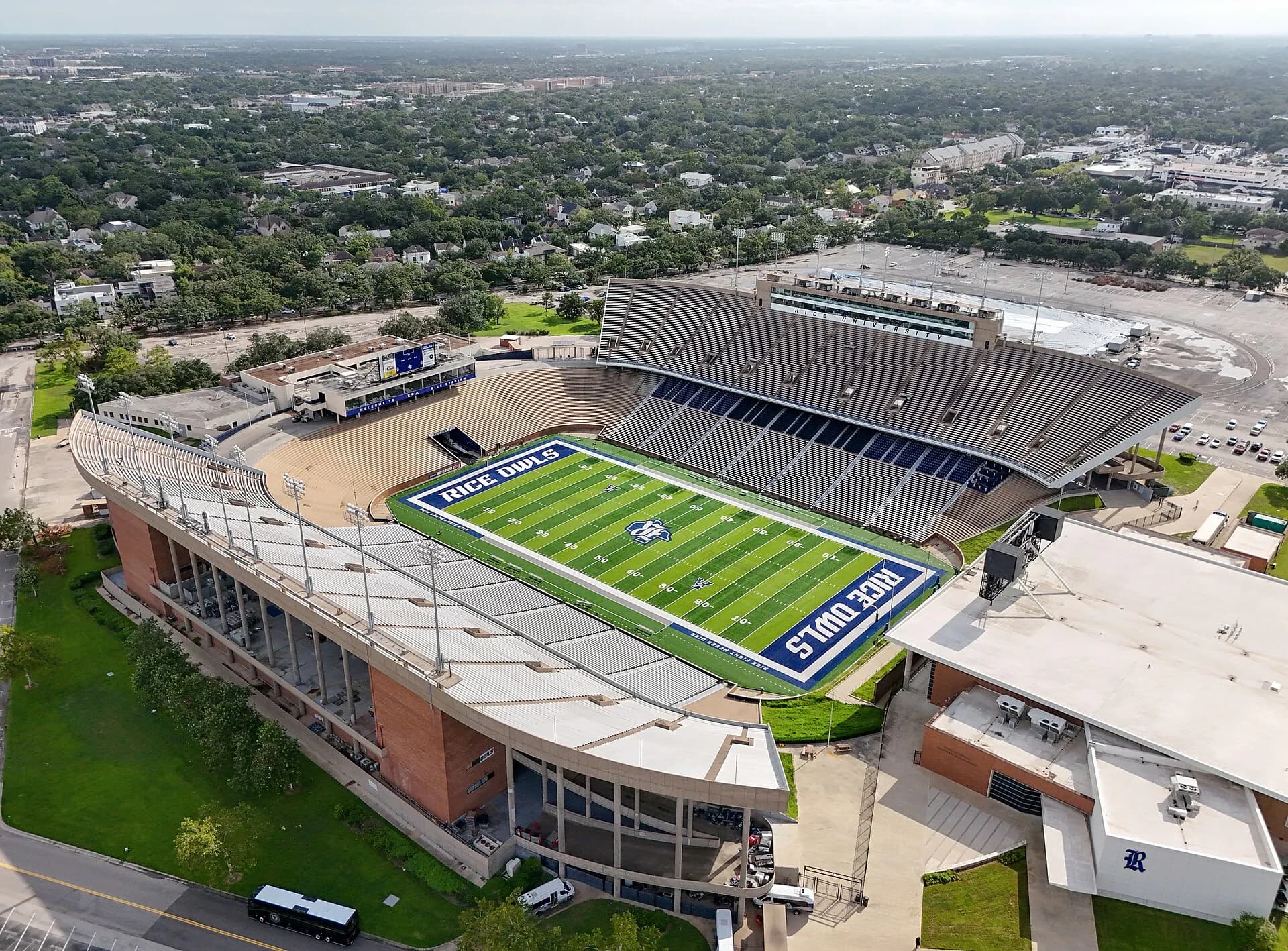Aerial view of Rice Stadium and the surrounding Rice University campus in Houston.