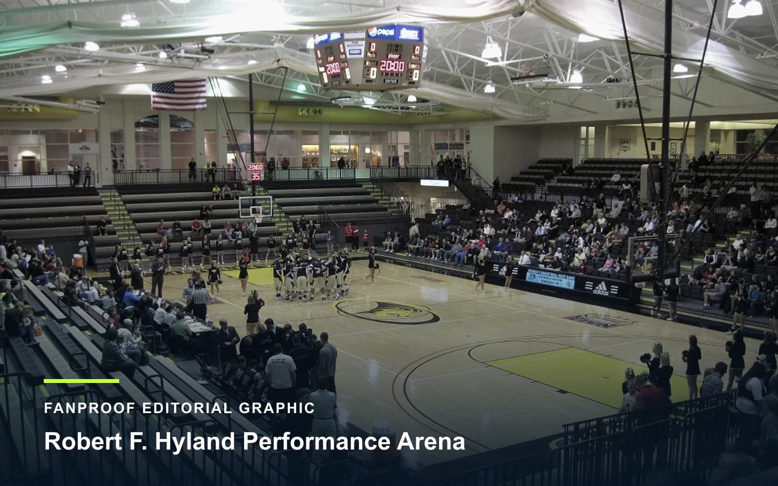 FanProof editorial graphic derived from a reuse-cleared view of Robert F. Hyland Performance Arena, home of Lindenwood basketball.