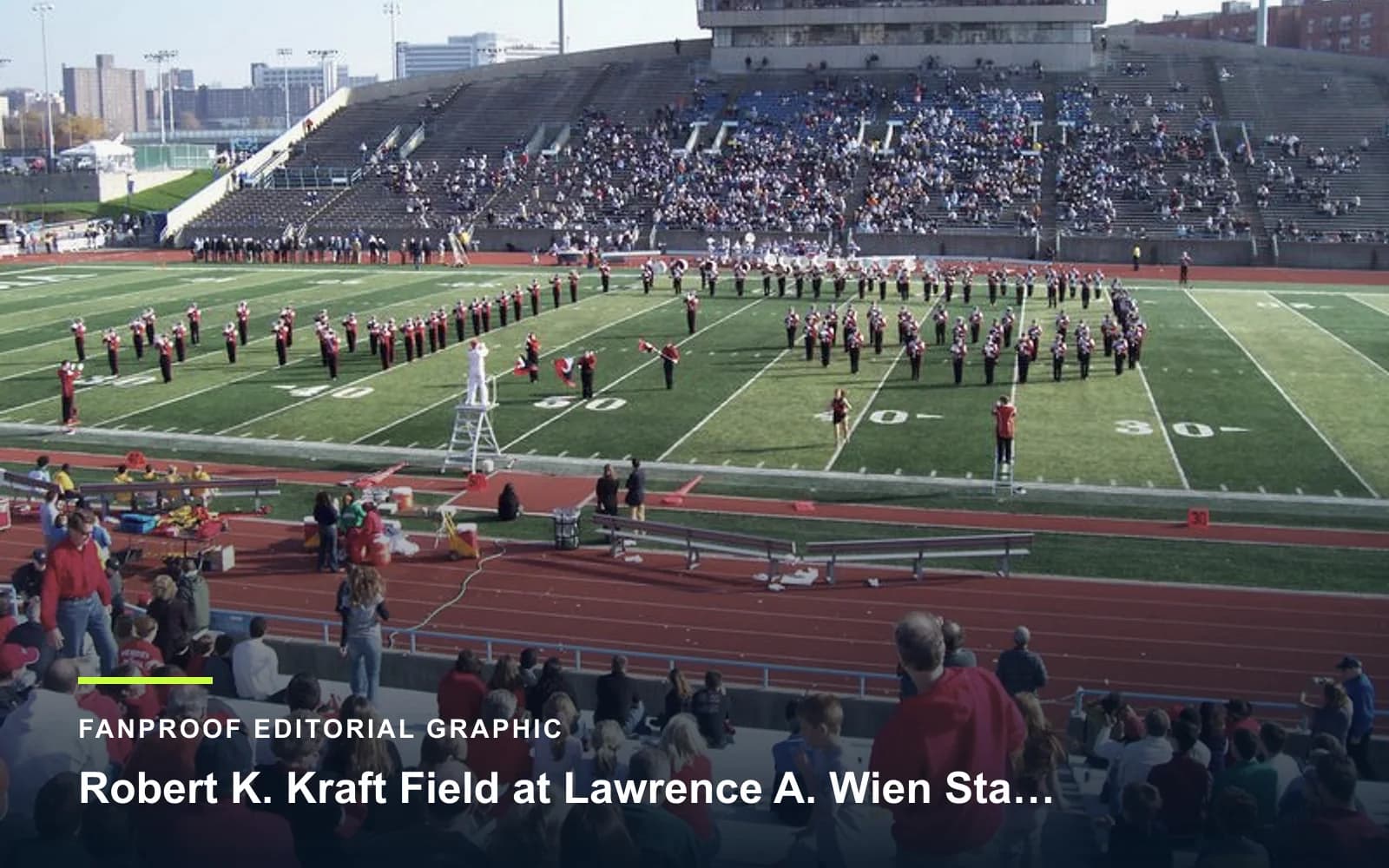 FanProof editorial graphic derived from a reuse-cleared view of Robert K. Kraft Field at Lawrence A. Wien Stadium, home of Columbia Lions football.