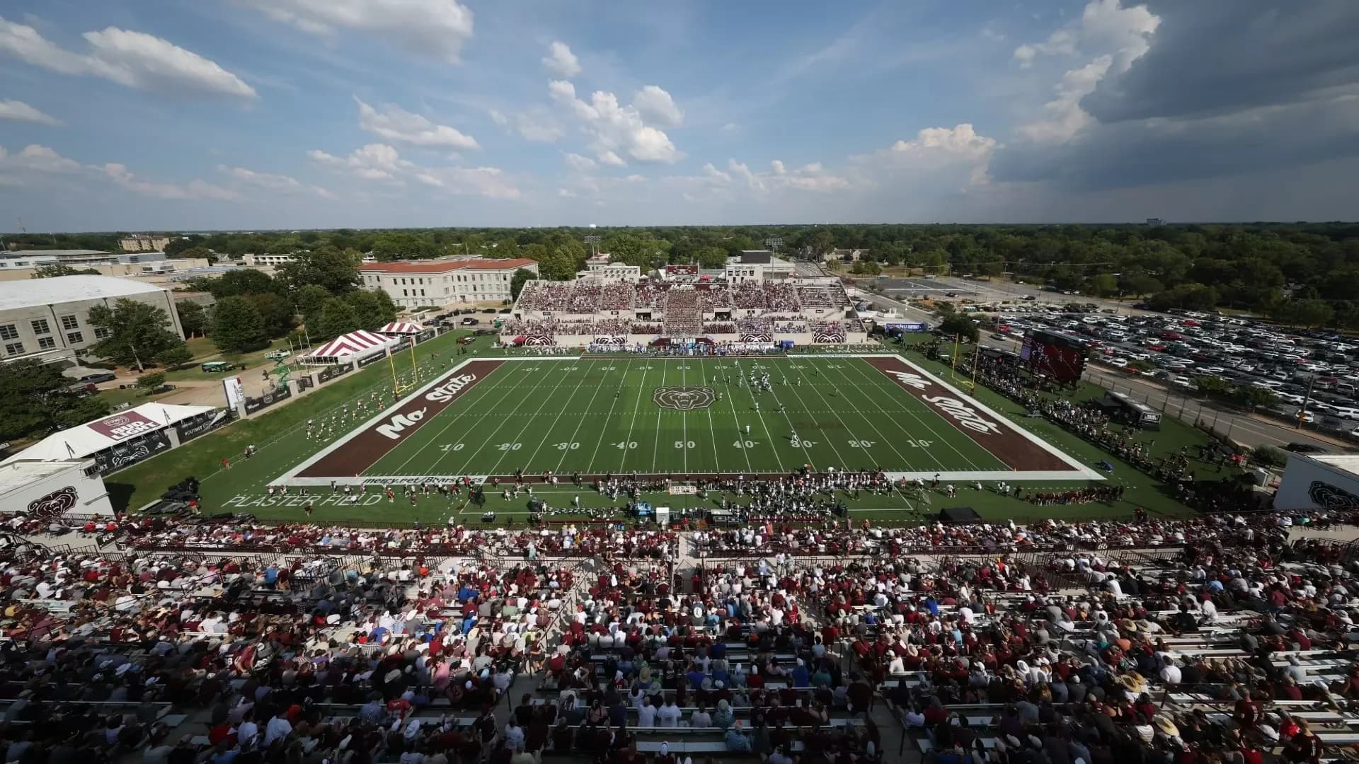 Robert W. Plaster Stadium’s football field, occupied stands and surrounding campus during the SMU game identified by the owner facility gallery. The photograph illustrates the overall bowl and campus relationship; no numbered ticket-seat location is supplied.