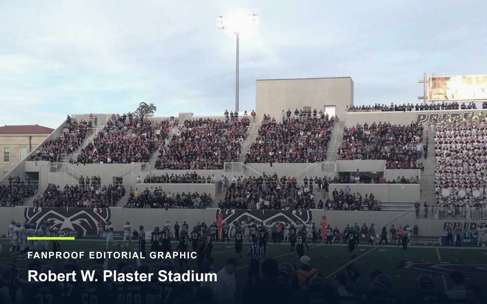 FanProof editorial graphic derived from a reuse-cleared view of Robert W. Plaster Stadium, home of Missouri State football.
