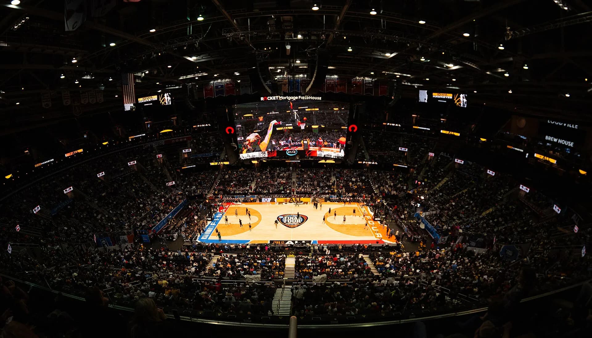 Wide upper-bowl view across Rocket Arena during the 2024 NCAA Women's Final Four.