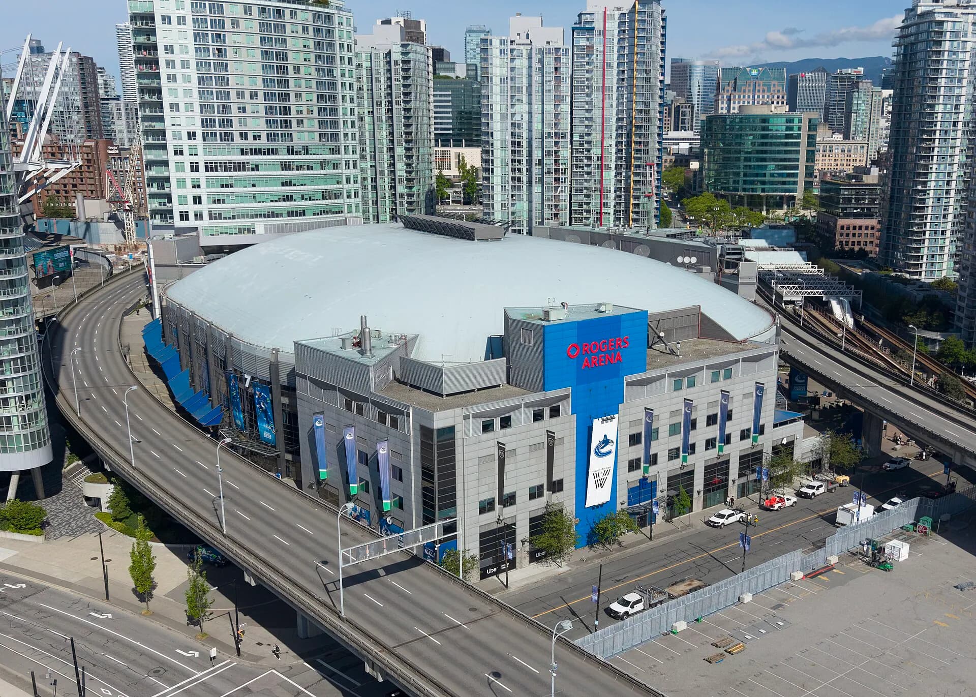 Full exterior and entrance plaza of Rogers Arena in downtown Vancouver