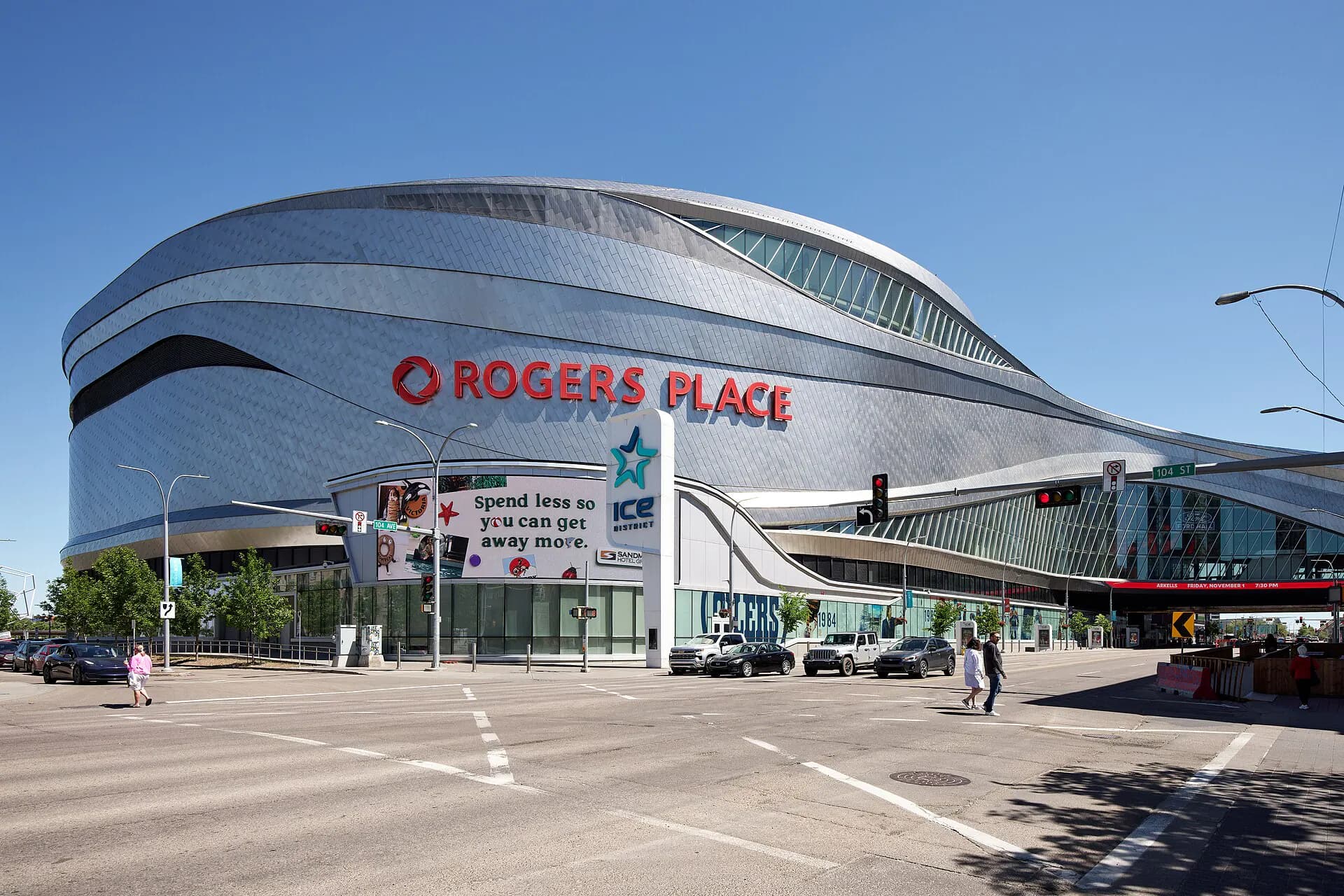 Current full exterior and main entrance of Rogers Place in Edmonton