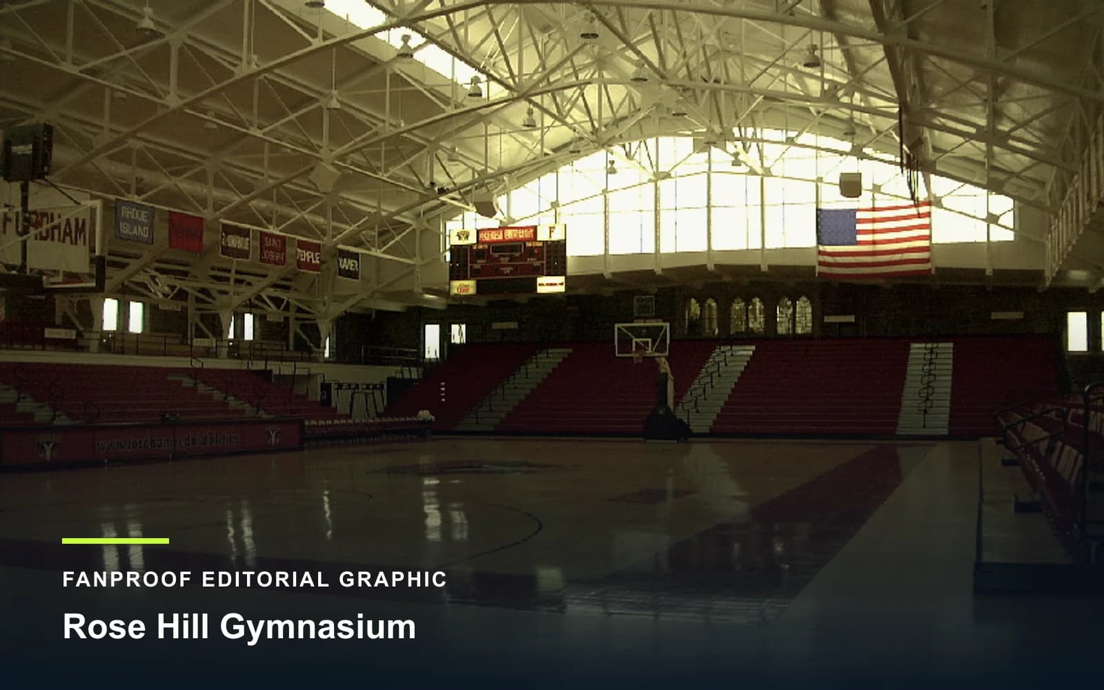 FanProof editorial graphic derived from a reuse-cleared view of Rose Hill Gymnasium, home of Fordham basketball.