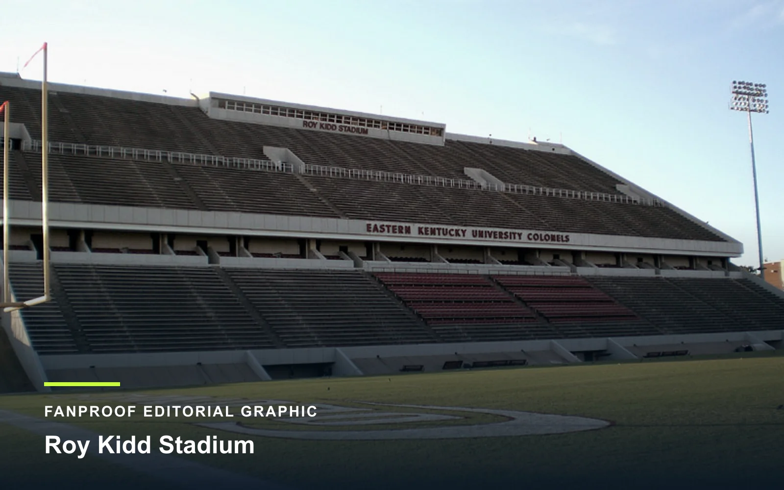 FanProof editorial graphic derived from a reuse-cleared view of Roy Kidd Stadium, home of Eastern Kentucky Colonels football.