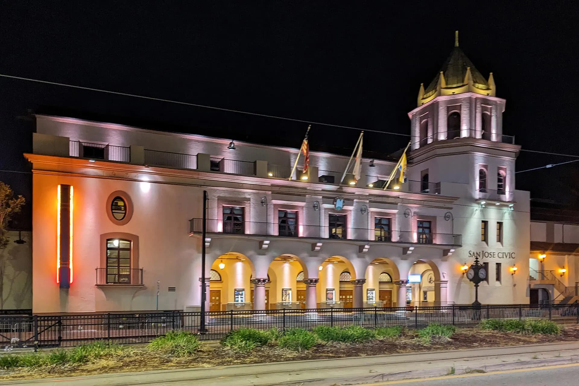 San Jose Civic entrance illuminated at night
