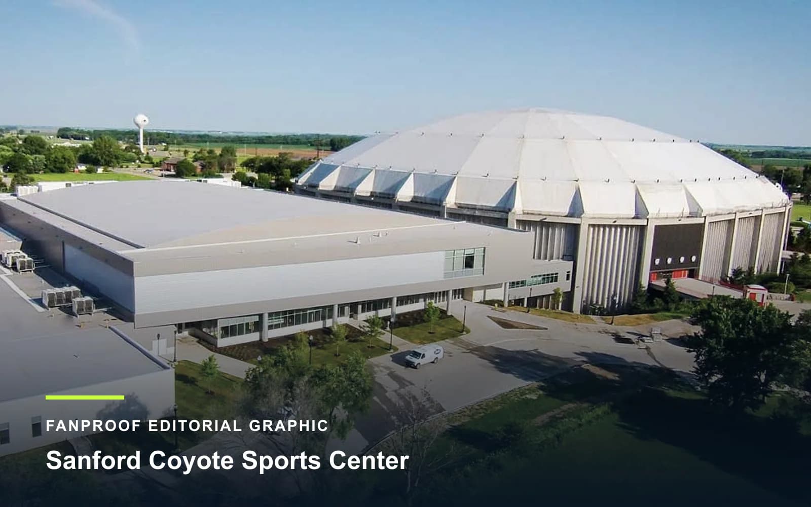 FanProof editorial graphic derived from a reuse-cleared view of Sanford Coyote Sports Center, home of South Dakota basketball.