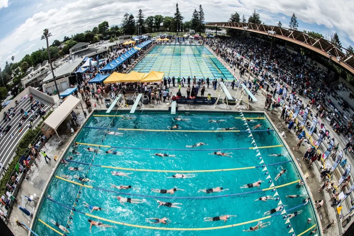 Santa Clara International Swim Center before its January 2024 closure — historical competition view. The facility is being rebuilt.