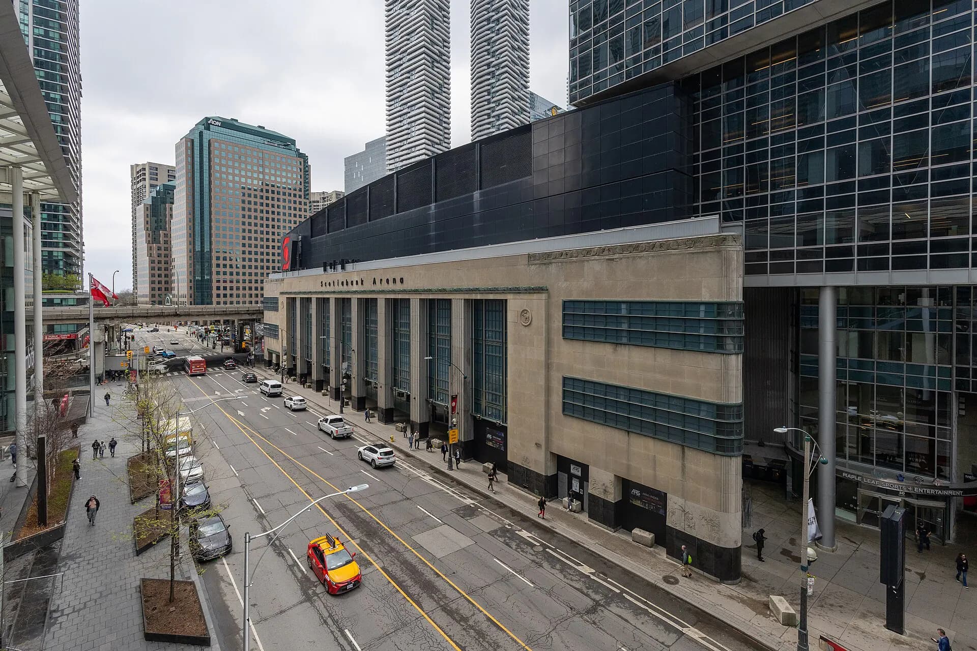 Scotiabank Arena's current Bay Street entrance and full exterior in downtown Toronto
