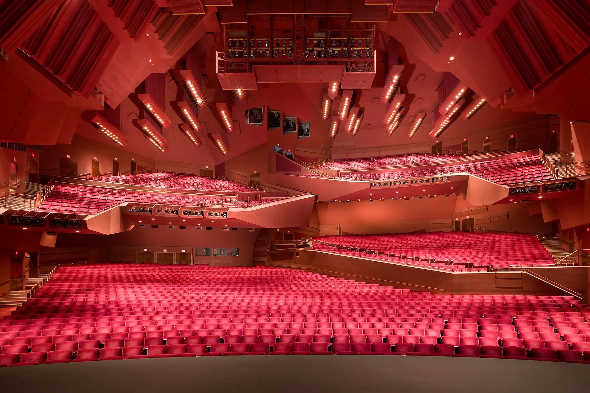 A wide view across the stage and multi-level seating inside Segerstrom Hall in Costa Mesa.