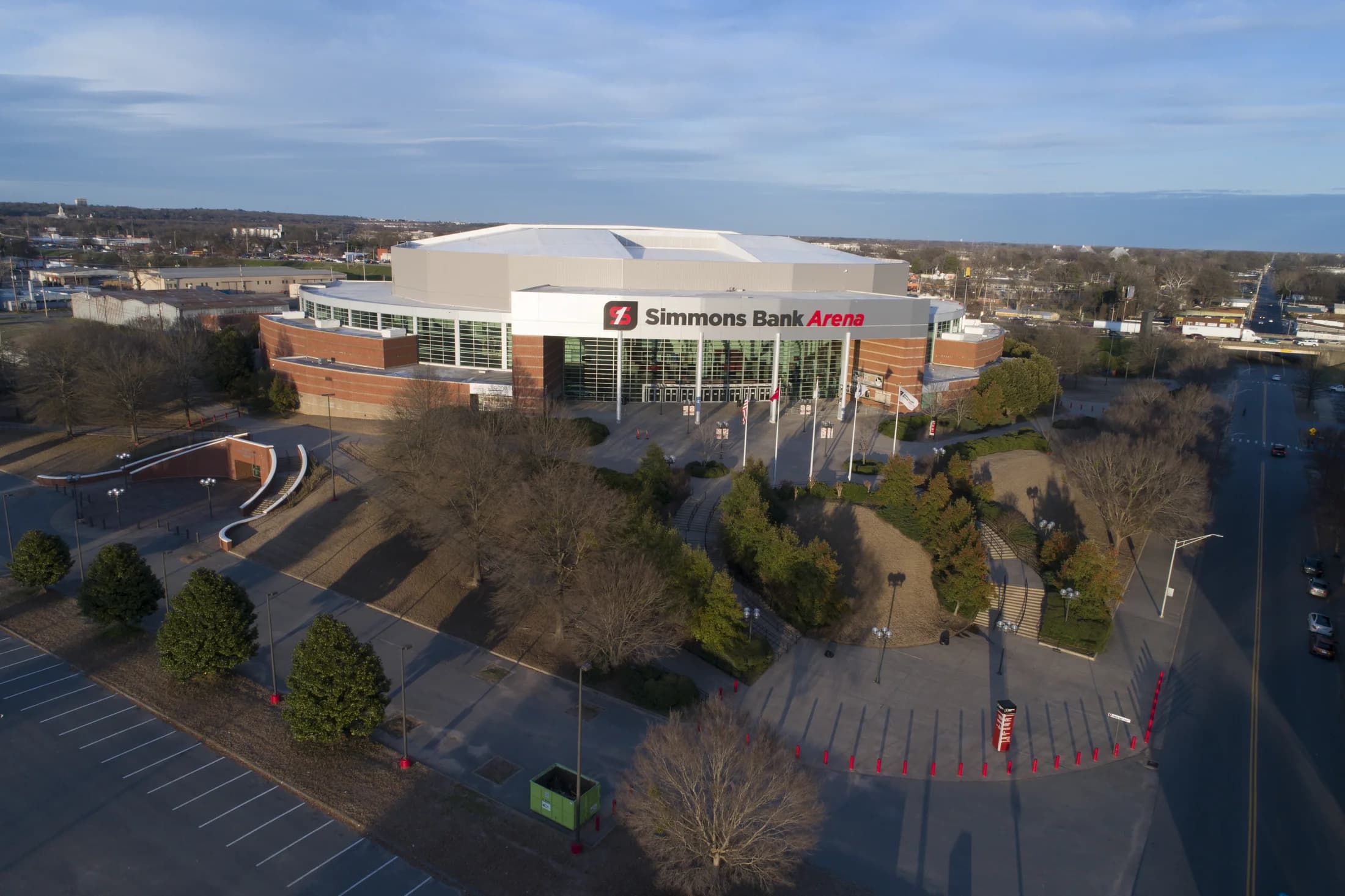 Simmons Bank Arena’s signed exterior and entrance plaza, published by Simmons Bank; capture date unverified.