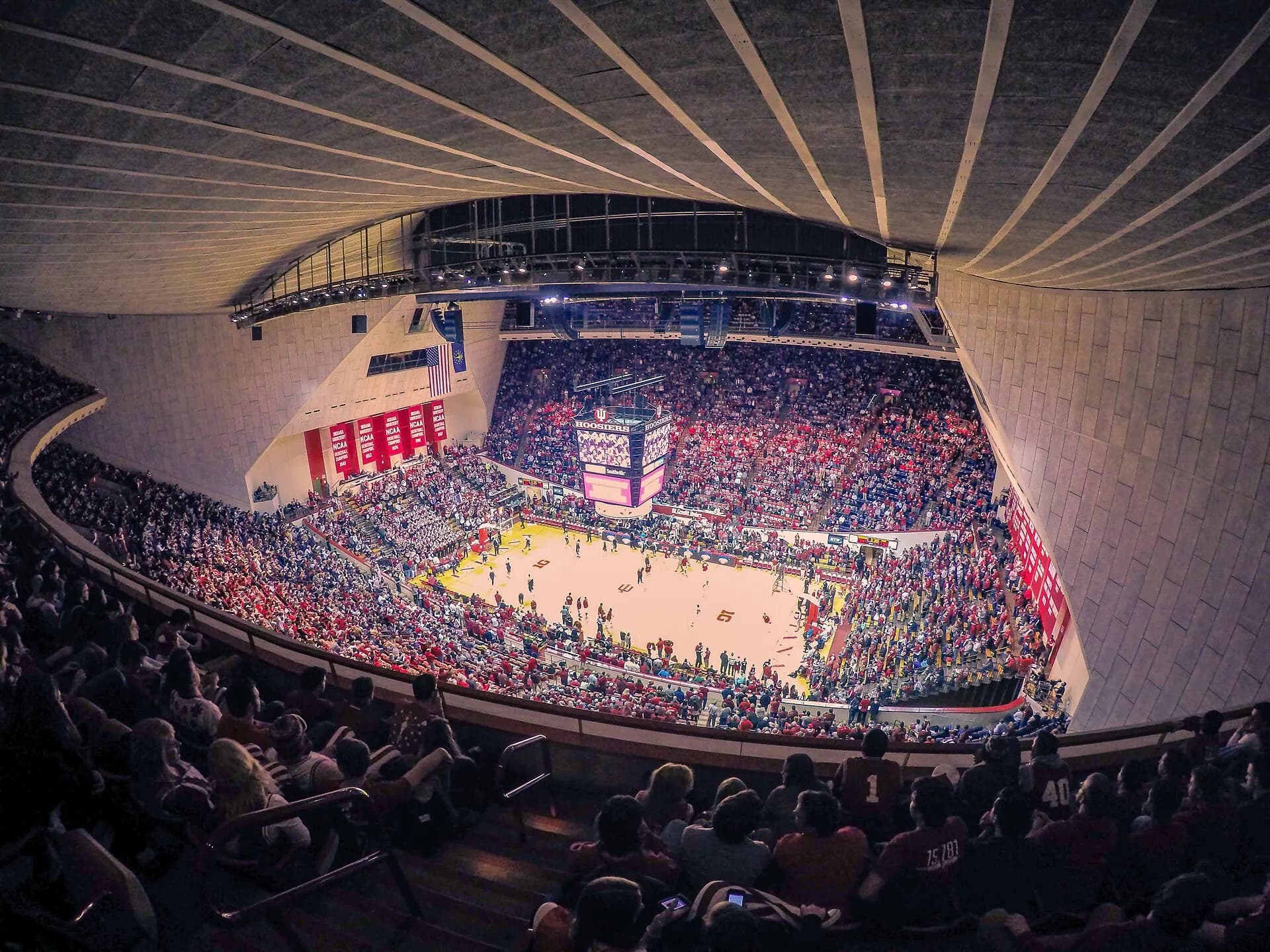 The basketball court and steep seating bowl inside Simon Skjodt Assembly Hall.