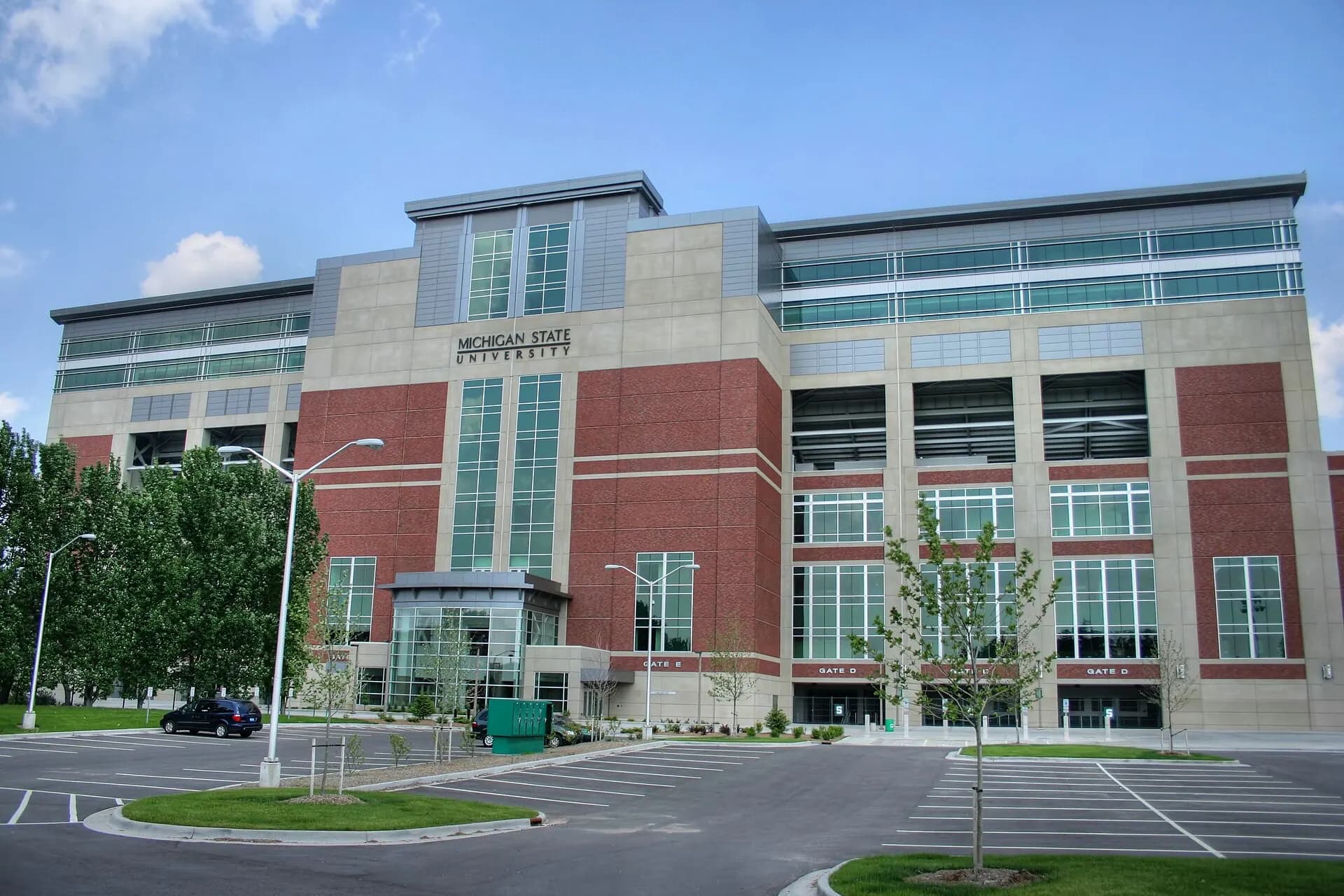 Broad view of the main facade of Spartan Stadium at Michigan State University.