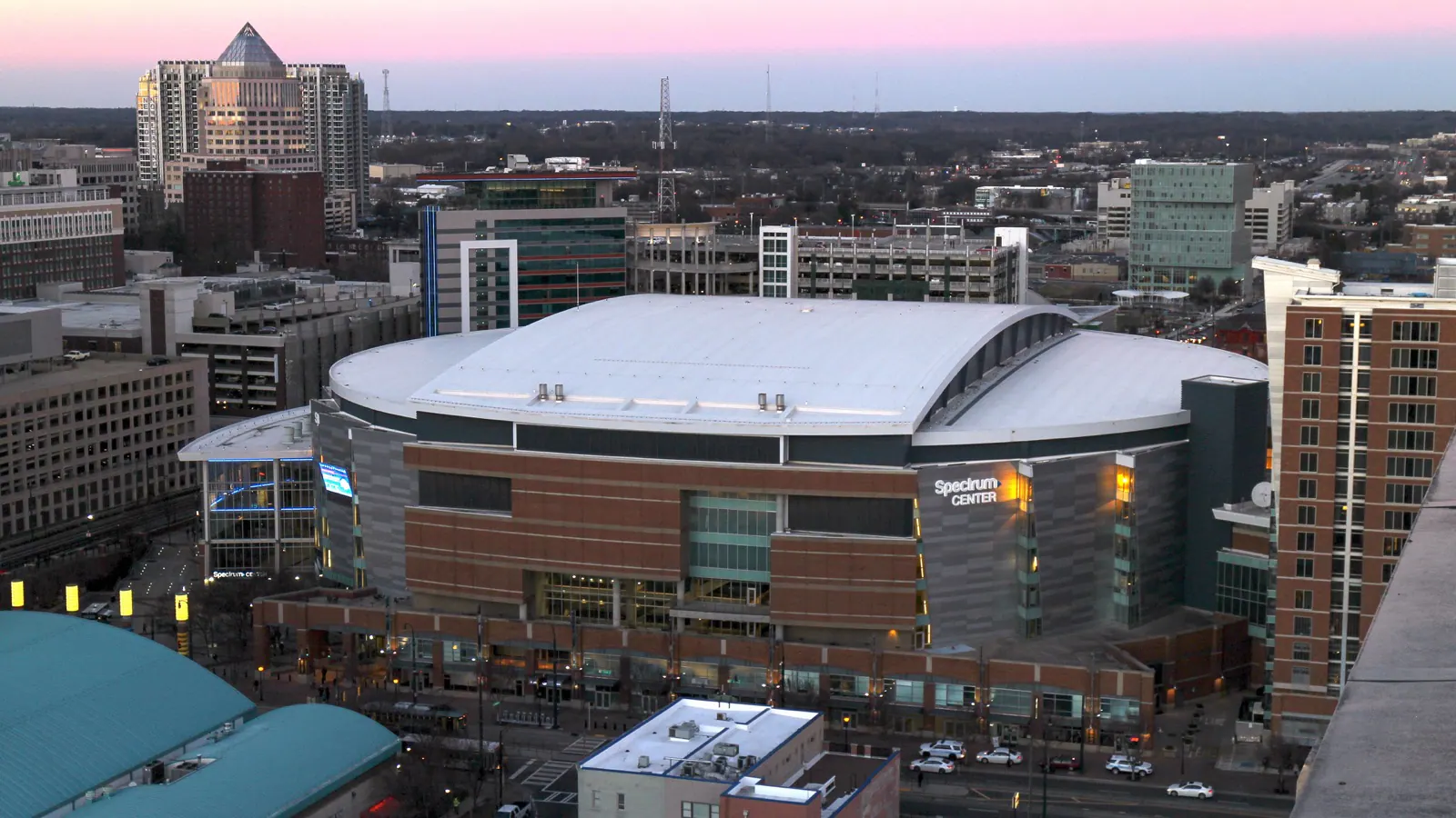 Exterior view of Spectrum Center in Uptown Charlotte.