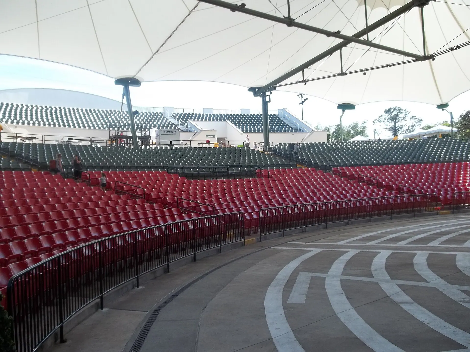 View from the covered stage across the St. Augustine Amphitheatre event floor and complete seating bowl.