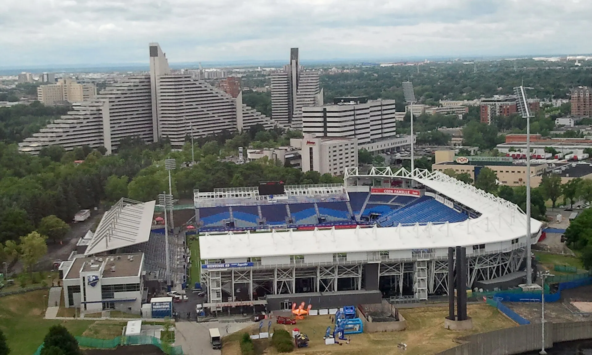 Aerial establishing view of Stade Saputo's pitch and seating in Montreal