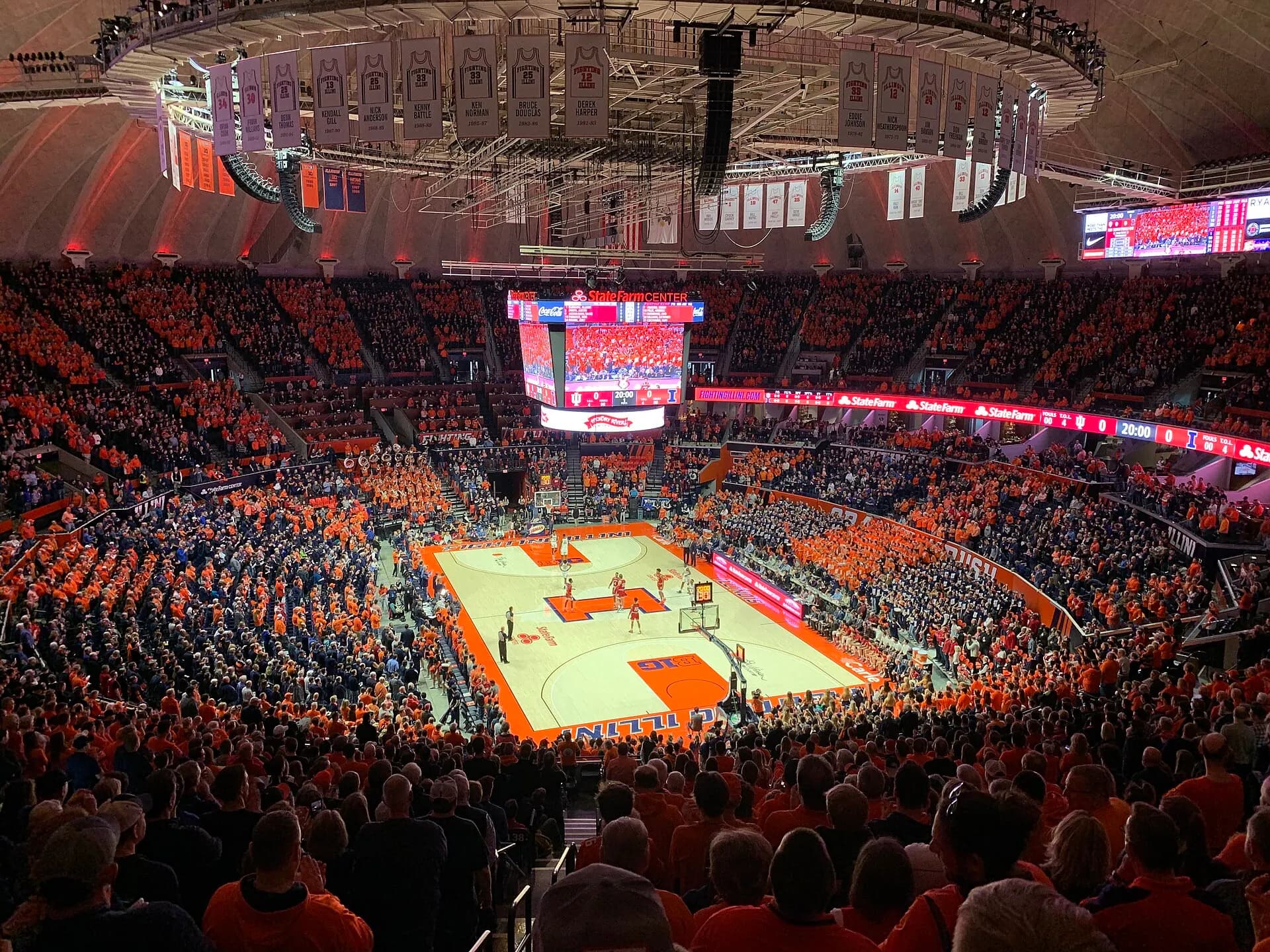 Wide interior view of Lou Henson Court and the seating bowl at State Farm Center.
