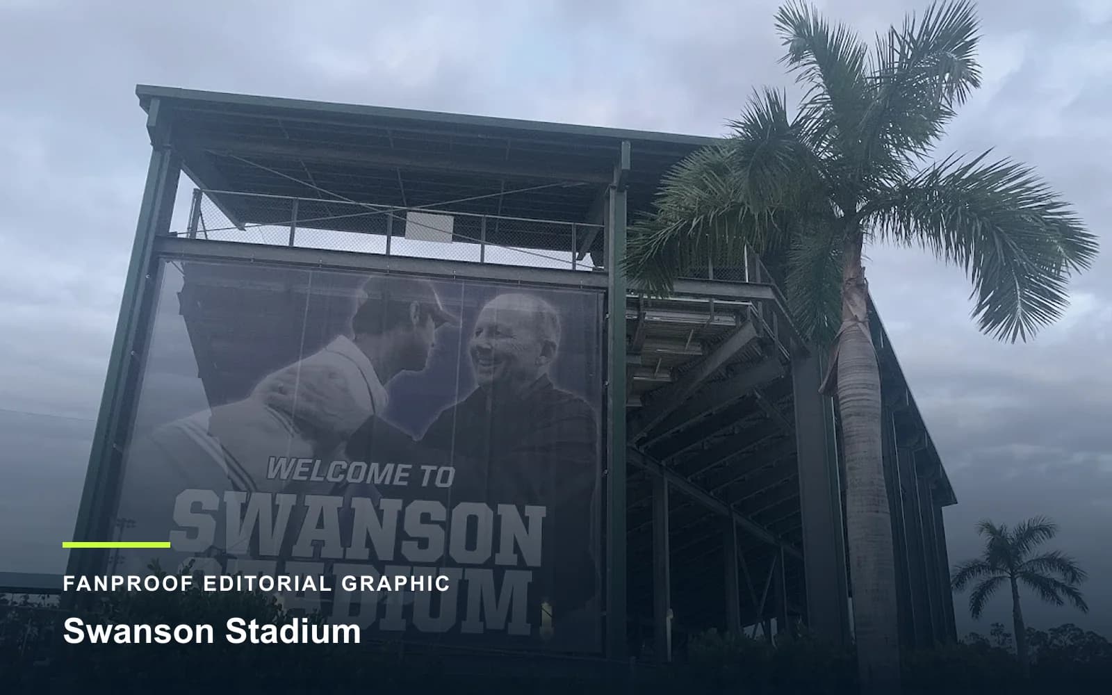 FanProof editorial graphic derived from a reuse-cleared view of Swanson Stadium, home of Florida Gulf Coast baseball.
