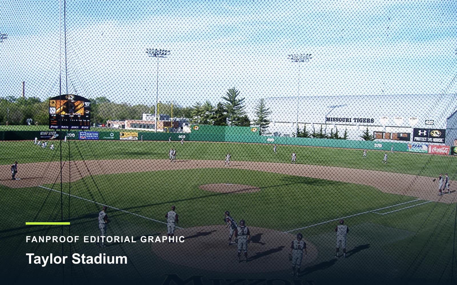 FanProof editorial graphic derived from a reuse-cleared view of Taylor Stadium, home of Missouri baseball.