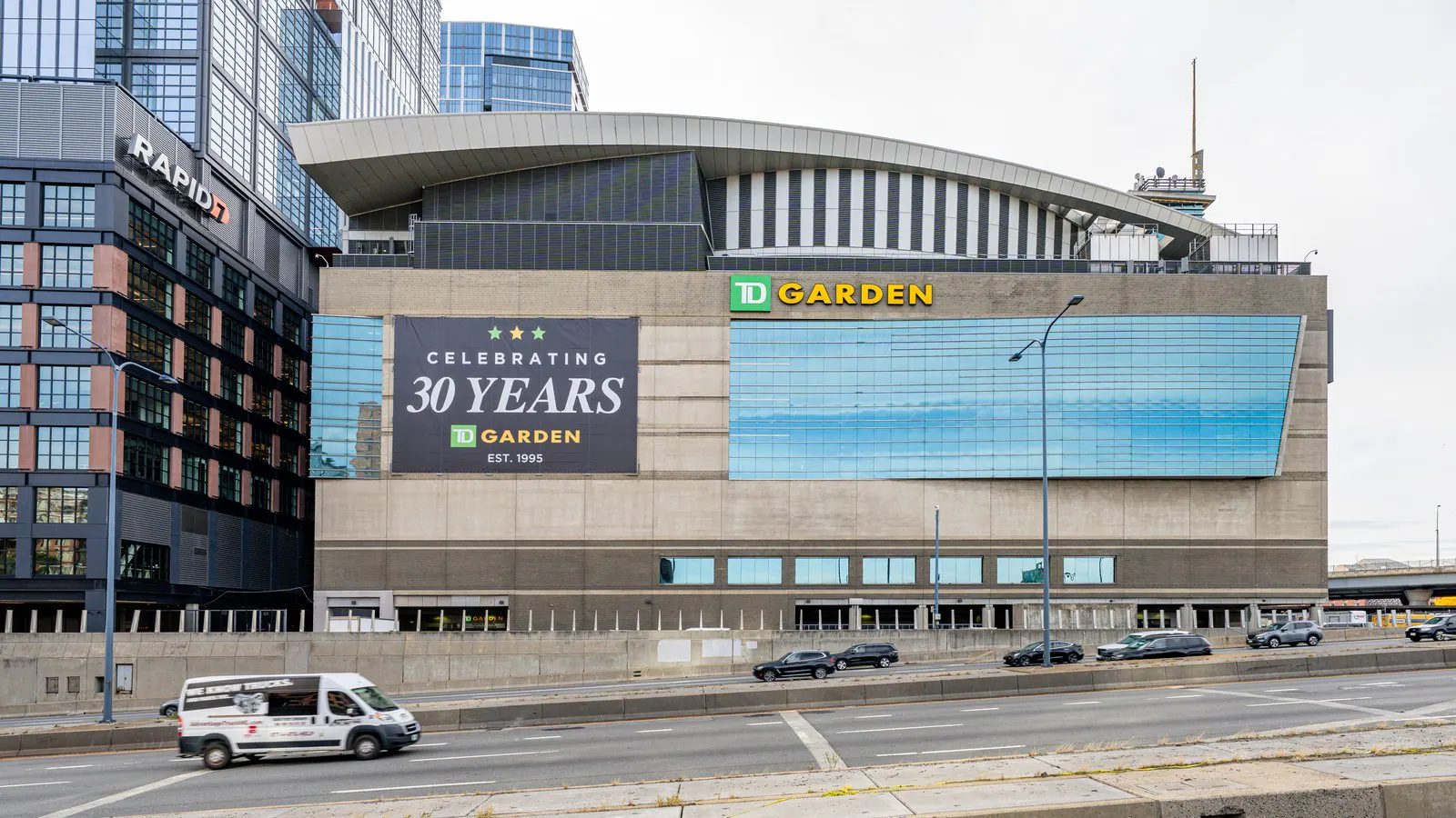 Current exterior view of TD Garden and the Hub on Causeway in Boston.