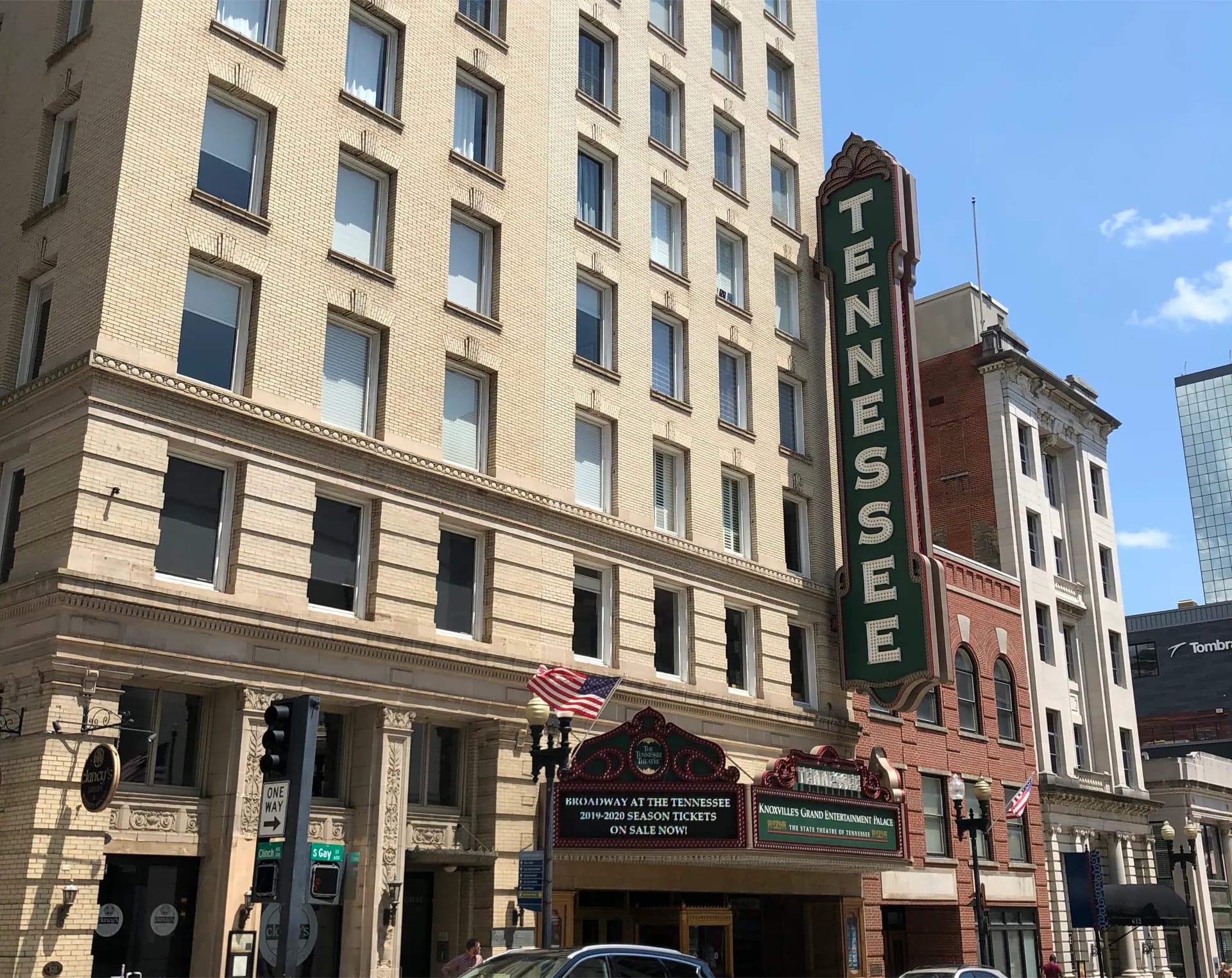 The Tennessee Theatre's vertical sign, marquee, and Gay Street entrance in Knoxville.