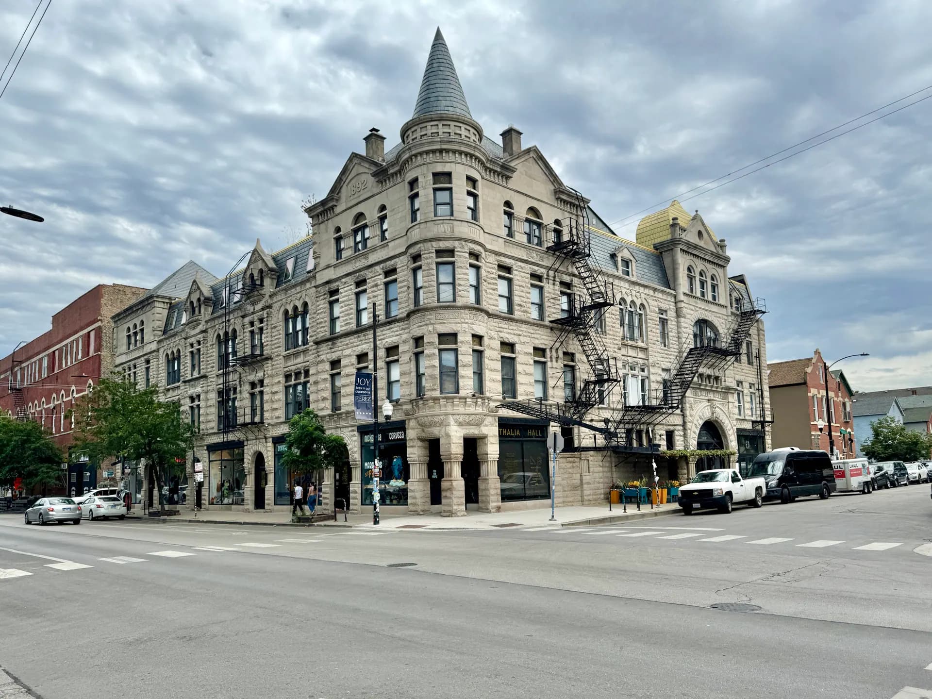 Current exterior establishing view of Thalia Hall's historic Pilsen façade and entrance.