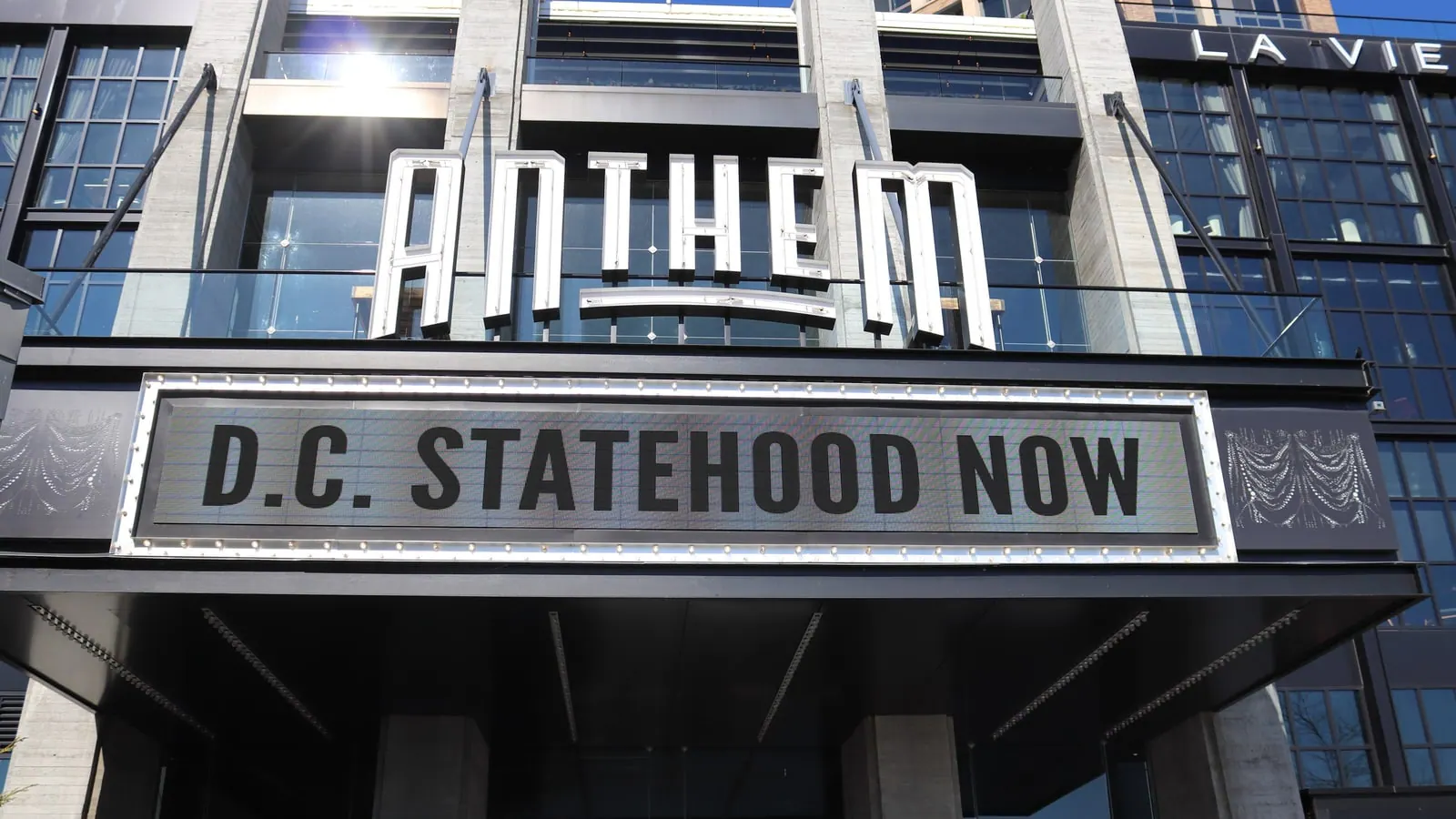 The Anthem entrance facade and marquee at The Wharf in Washington, DC.